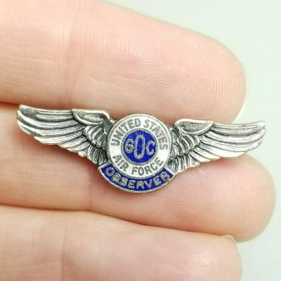 Vintage WW2 US Air Force Observer Pin Back Wings Brooch, Silver Tone Blue Enamel - Picture 1 of 7